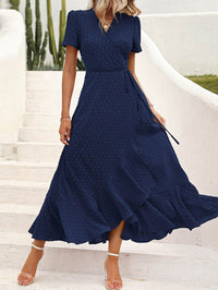 Leisure Bohemian Flower V-Neck Short Sleeved Ruffled Beach Long Skirt