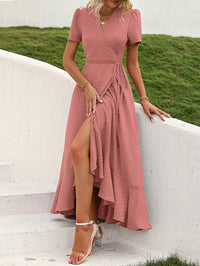 Leisure Bohemian Flower V-Neck Short Sleeved Ruffled Beach Long Skirt