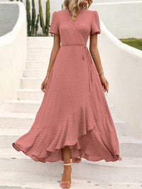Leisure Bohemian Flower V-Neck Short Sleeved Ruffled Beach Long Skirt
