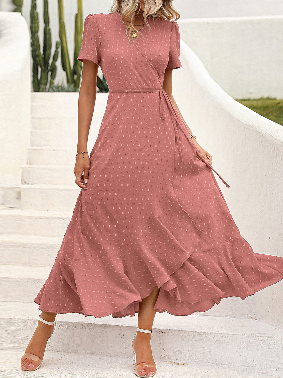 Leisure Bohemian Flower V-Neck Short Sleeved Ruffled Beach Long Skirt