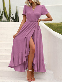 Leisure Bohemian Flower V-Neck Short Sleeved Ruffled Beach Long Skirt