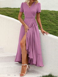 Leisure Bohemian Flower V-Neck Short Sleeved Ruffled Beach Long Skirt