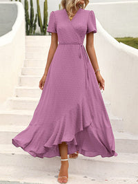 Leisure Bohemian Flower V-Neck Short Sleeved Ruffled Beach Long Skirt