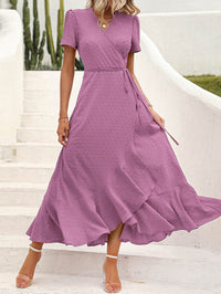 Leisure Bohemian Flower V-Neck Short Sleeved Ruffled Beach Long Skirt
