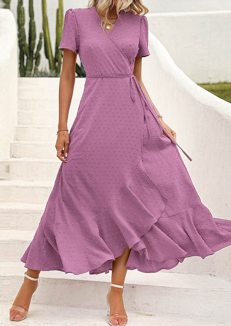 PRETTYGARDEN Women's Summer Maxi Dress Casual Wrap Floral Boho Short Sleeve V Neck Split Ruffle Beach Long Dresses
