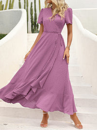 Leisure Bohemian Flower V-Neck Short Sleeved Ruffled Beach Long Skirt