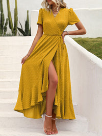 Leisure Bohemian Flower V-Neck Short Sleeved Ruffled Beach Long Skirt