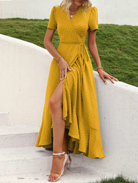 Leisure Bohemian Flower V-Neck Short Sleeved Ruffled Beach Long Skirt