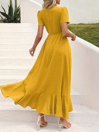 Leisure Bohemian Flower V-Neck Short Sleeved Ruffled Beach Long Skirt