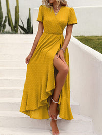 Leisure Bohemian Flower V-Neck Short Sleeved Ruffled Beach Long Skirt
