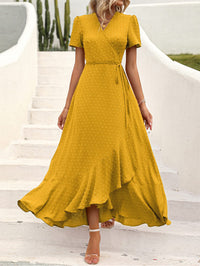 Leisure Bohemian Flower V-Neck Short Sleeved Ruffled Beach Long Skirt