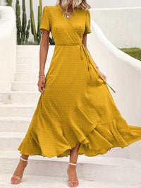 Leisure Bohemian Flower V-Neck Short Sleeved Ruffled Beach Long Skirt