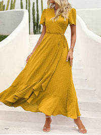Leisure Bohemian Flower V-Neck Short Sleeved Ruffled Beach Long Skirt