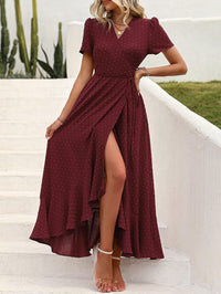 Leisure Bohemian Flower V-Neck Short Sleeved Ruffled Beach Long Skirt