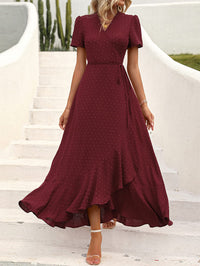 Leisure Bohemian Flower V-Neck Short Sleeved Ruffled Beach Long Skirt