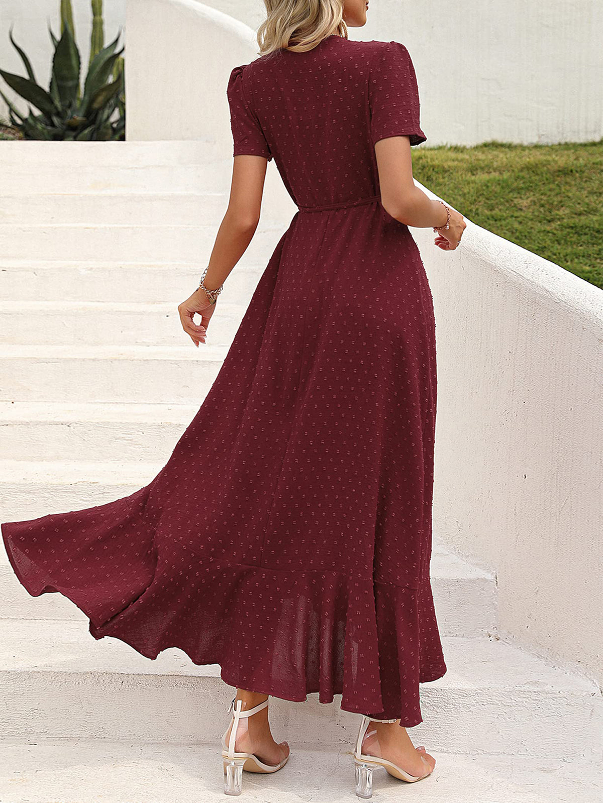 Leisure Bohemian Flower V-Neck Short Sleeved Ruffled Beach Long Skirt