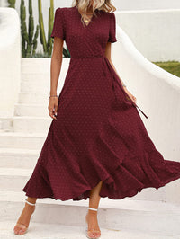 Leisure Bohemian Flower V-Neck Short Sleeved Ruffled Beach Long Skirt