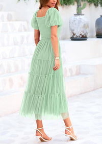 Smocked Tulle Puffy Short Sleeve Square Neck Ruffle Midi Dresses