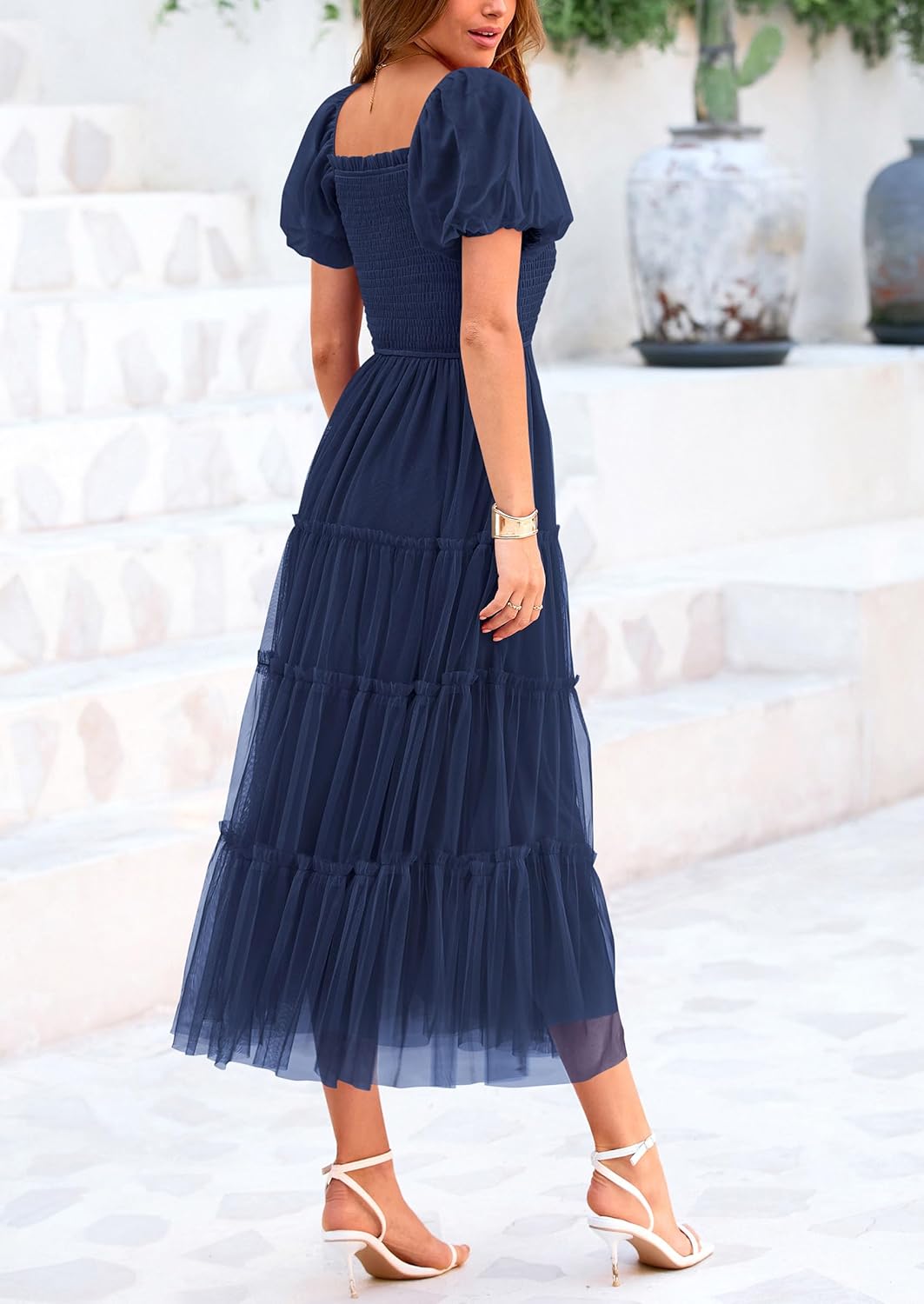 Smocked Tulle Puffy Short Sleeve Square Neck Ruffle Midi Dresses