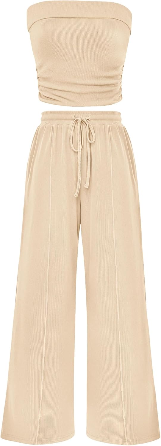 Casual Ribbed Knit Crop Tube Top Wide Leg Pants Two Piece Sets