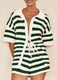 Casual Short Sleeve Striped Beach Vacation 2 Piece Shorts Sets