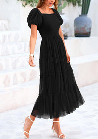 Smocked Tulle Puffy Short Sleeve Square Neck Ruffle Midi Dresses