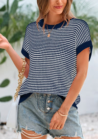 Short Sleeve Round Neck Striped Pullover Cap Sleeve Knit T-shirt