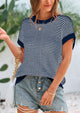 Short Sleeve Round Neck Striped Pullover Cap Sleeve Knit T-shirt