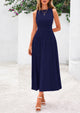 Sleeveless Crew Neck Knit A Line Pleated Swing Wedding Guest Casual Midi Dresses