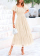 Smocked Tulle Puffy Short Sleeve Square Neck Ruffle Midi Dresses