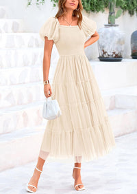 Smocked Tulle Puffy Short Sleeve Square Neck Ruffle Midi Dresses