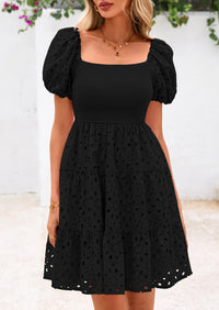 Puff Sleeve Off Shoulder Eyelet Smocked A Line Casual Babydoll Mini Dress