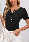 BTFBM Women Summer Henley Tunic Top V Neck Short Sleeve Button UP Solid Slim Fit Casual Ribbed Knit Shirt Blouses