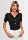BTFBM Women Summer Henley Tunic Top V Neck Short Sleeve Button UP Solid Slim Fit Casual Ribbed Knit Shirt Blouses