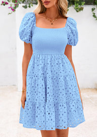 Puff Sleeve Off Shoulder Eyelet Smocked A Line Casual Babydoll Mini Dress