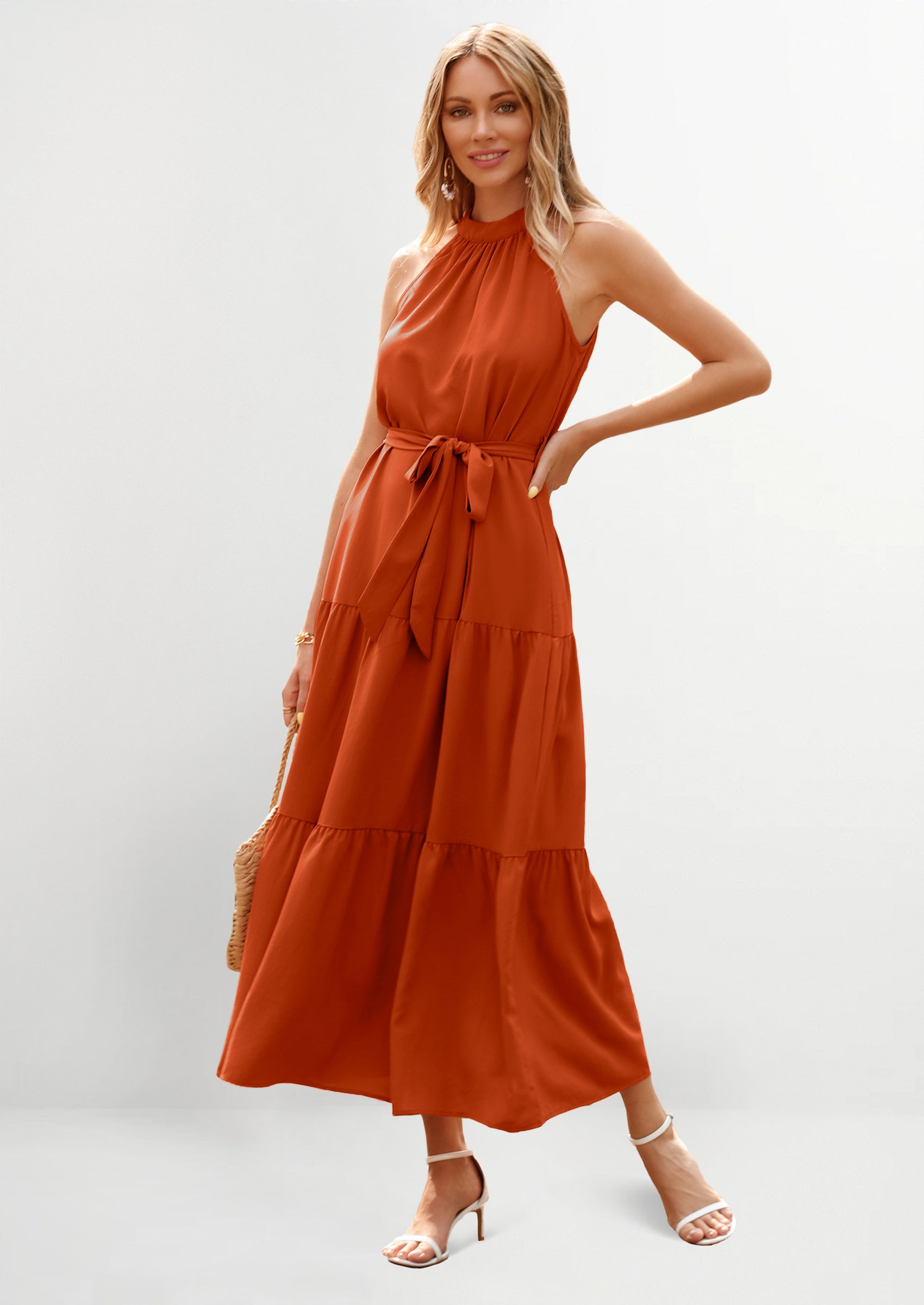 PRETTYGARDEN Women's Summer Floral Maxi Sun Dress Sleeveless Halter Neck Flowy Ruffle Hem Long Boho Dresses with Belt