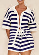 Casual Short Sleeve Striped Beach Vacation 2 Piece Shorts Sets