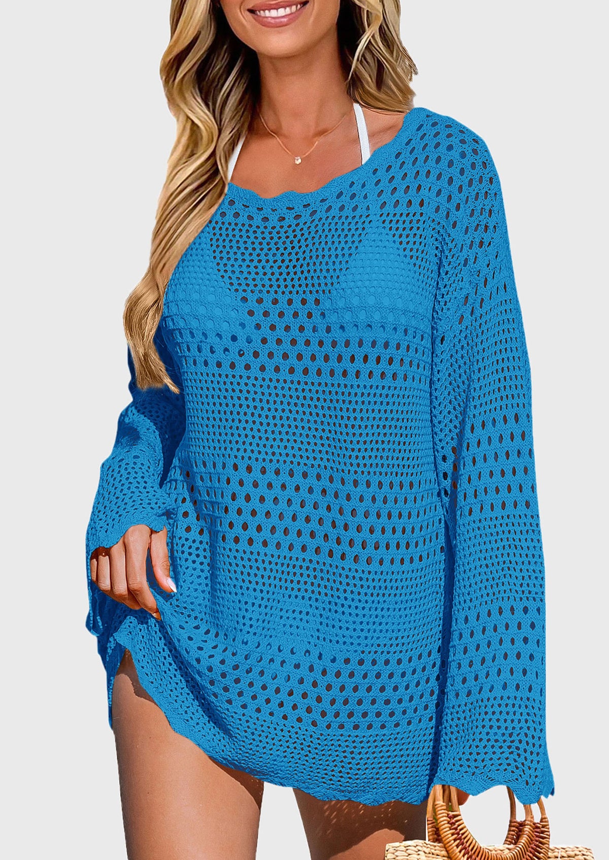 Long Sleeve Knit Crochet Bathing Beach Vacation Cover Up Dresses
