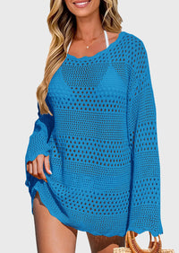 Long Sleeve Knit Crochet Bathing Beach Vacation Cover Up Dresses