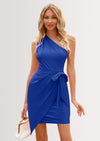 PRETTYGARDEN Women's Summer One Shoulder Mini Short Dresses Irregular Hem Belted Fitted Spring Cocktail Party Dress
