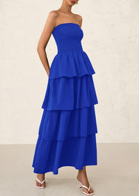 Off Shoulder Smocked Tiered Ruffle Long Flowy Casual Beach Maxi Dress