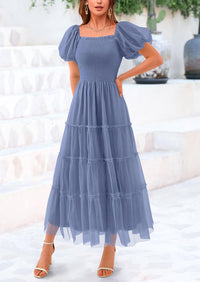 Smocked Tulle Puffy Short Sleeve Square Neck Ruffle Midi Dresses