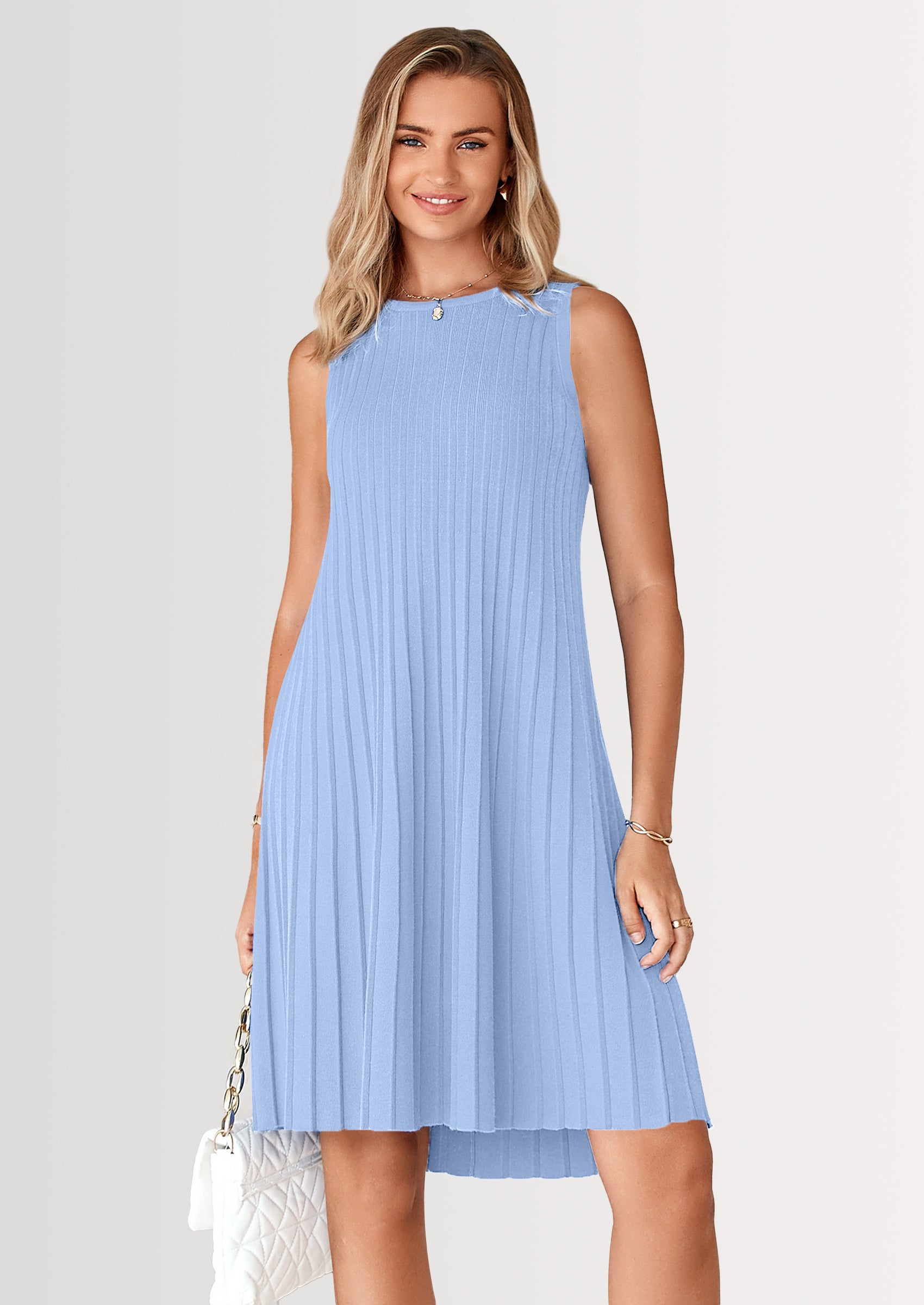 PRETTYGARDEN Womens Summer Sleeveless Mini Dress Crewneck Loose Tank A Line Pleated Swing Flowy Party Dresses