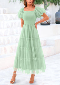Smocked Tulle Puffy Short Sleeve Square Neck Ruffle Midi Dresses