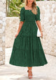 Casual Square Neck Short Sleeve Smocked A Line Floral Flowy Elegant Boho Midi Dresses