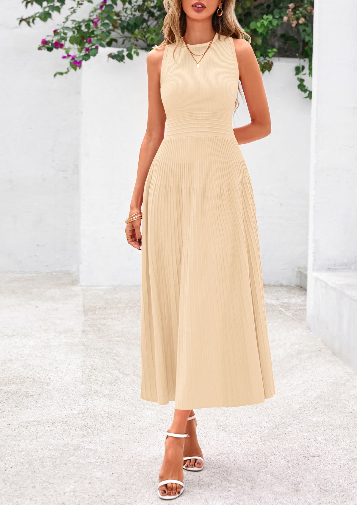 Sleeveless Crew Neck Knit A Line Pleated Swing Wedding Guest Casual Midi Dresses