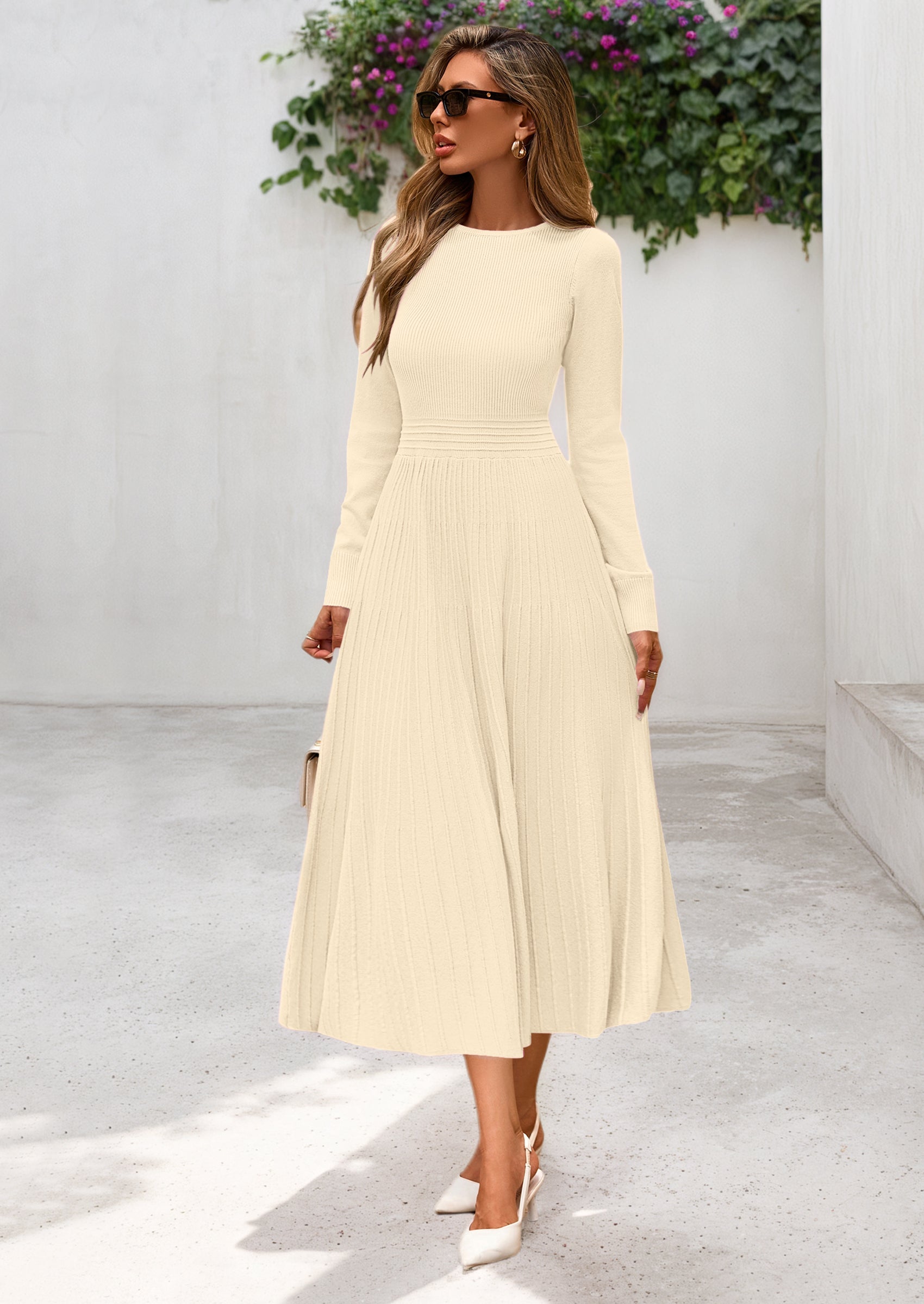 PRETTYGARDEN Women's Long Sleeve Midi Sweater Dress Fall Crewneck Knit