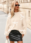 PRETTYGARDEN Fall Long Sleeve Pullover Sweaters for Women Trendy Crewneck Casual Cute Bow Chunky Knit Oversized Sweater