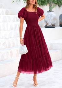Smocked Tulle Puffy Short Sleeve Square Neck Ruffle Midi Dresses