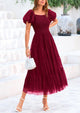 Smocked Tulle Puffy Short Sleeve Square Neck Ruffle Midi Dresses